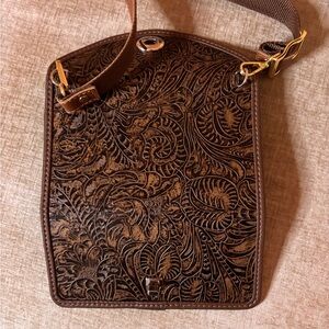 Genuine Hand-Tooled Leather Crossbody Clutch - Floral Embossed Vintage Style